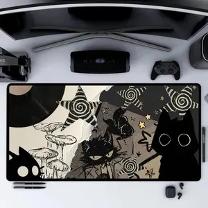 Grunge Cat Mouse Pad Black Cat Collage Desk Mat with Vinyl Record, Mushrooms & Stars Aesthetic Desk Decor for Gamers and Artists Gift