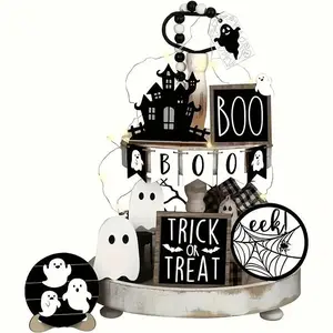 Halloween Layered Tray Decorations Set, 13 Pieces, Ghosts Pumpkins Alphabet Wooden Ornaments, Perfect for Home Kitchen Party Decoration