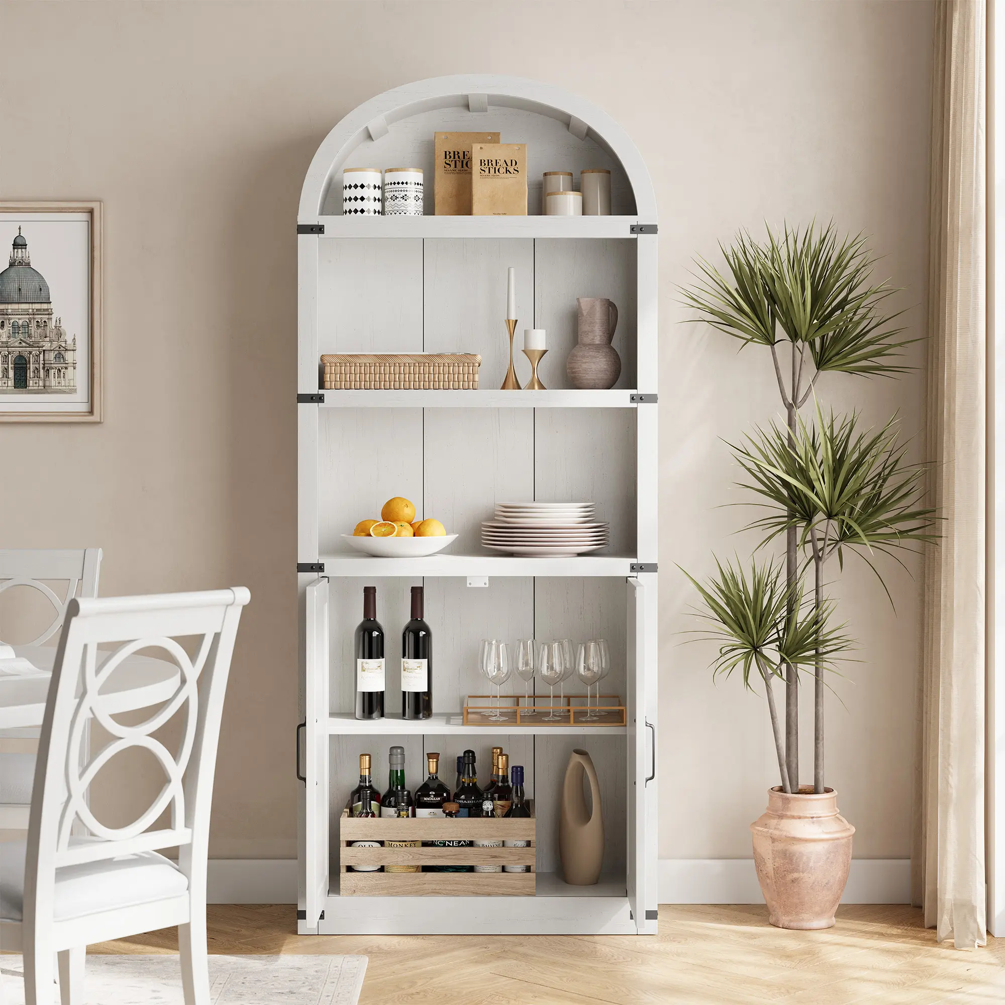 Arched MDF Wood Bookcase with Doors - 71.65”x29.92”x11.88” Tall Farmhouse 5-Shelf Storage Cabinet with Metal Corners for Home Office, Dining Room