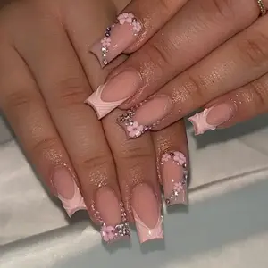 24 Pcs Rhinestone Embellished Flower French Nail Wraps, Y2K Style Diamond False Nails, Short Square High Gloss, Reusable, Perfect for Salon & Home DIY, Diy Nails Art