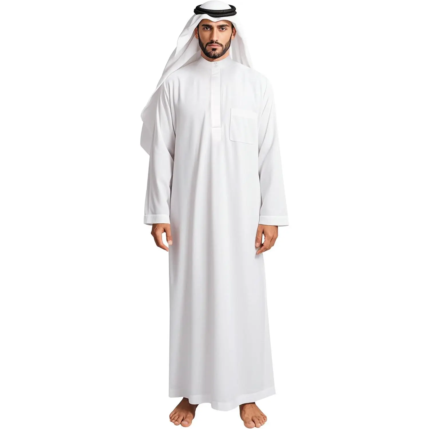Men's Striped V-Neck Islamic Thobe - Middle East Saudi Dubai Casual Robe, Modest Kaftan for Daily Prayers (Care: Cold Wash, Do Not Dry Clean)