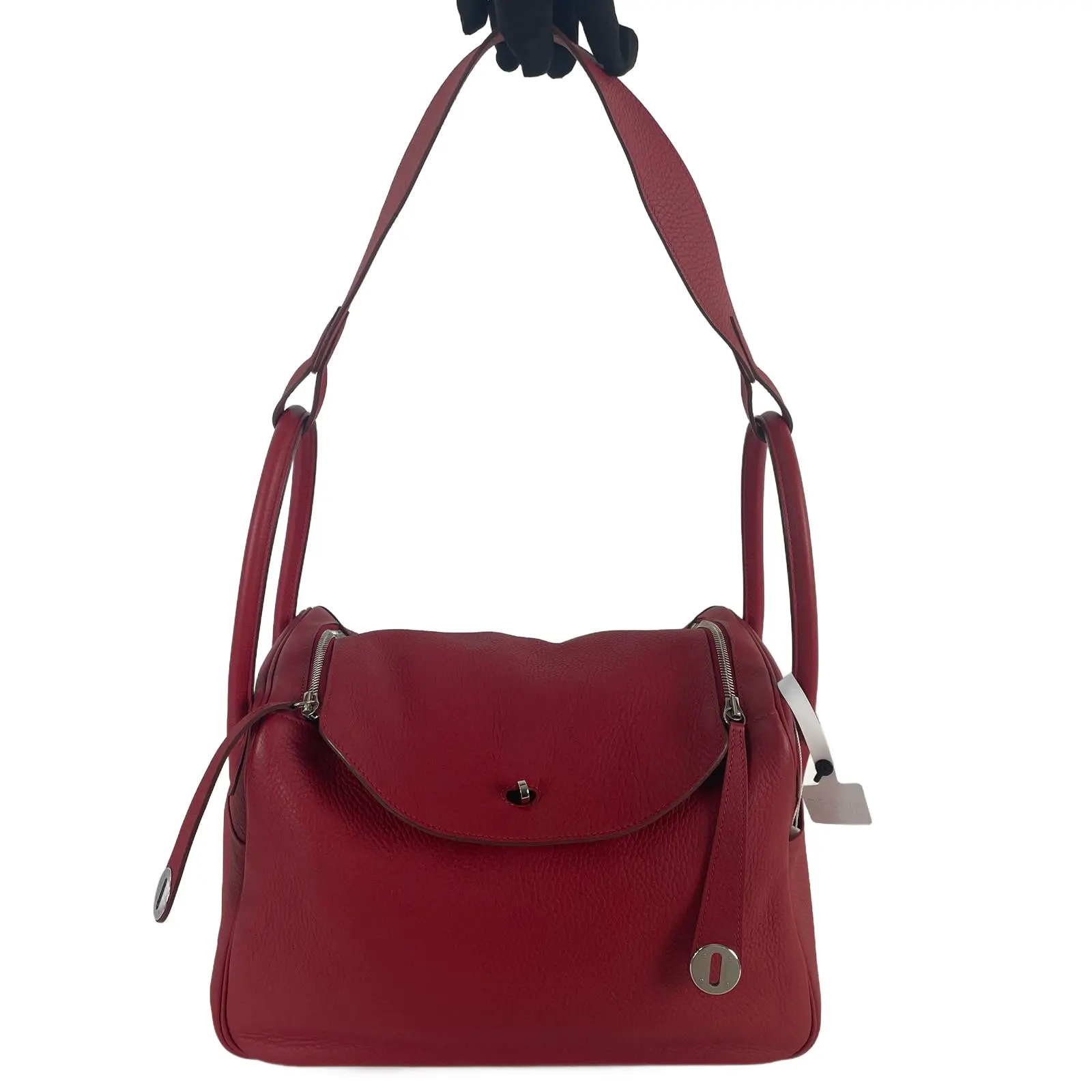 Pre-owned HERMÈS Clemence grained calf leather Shoulder Bags red Clemence leather Lindy 30 shoulder crossbody bag with palladium hardware.+Bag charm+++