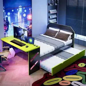 Full Size Daybed with Twin Trundle, Desk & USB Port, Modern Full Gaming Platform Bed for Small Space, Green