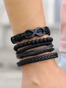 4 Piece Punk Style Beaded Bracelet Set, Multi-Layer Design, Unisex Fashion Jewelry for All Seasons, PU Leather Insect Pattern