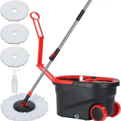 SummerVibes Synthetic Stainless Steel-Plastic Spin Mop Bucket Set - 3 Microfiber Mop Pads, 39-61in Adjustable Extendable Rod, Movable Wheels, Rotatable 360° Head Lifts Dust and Dirt Fast, 1-Hand Control for Home Cleaning