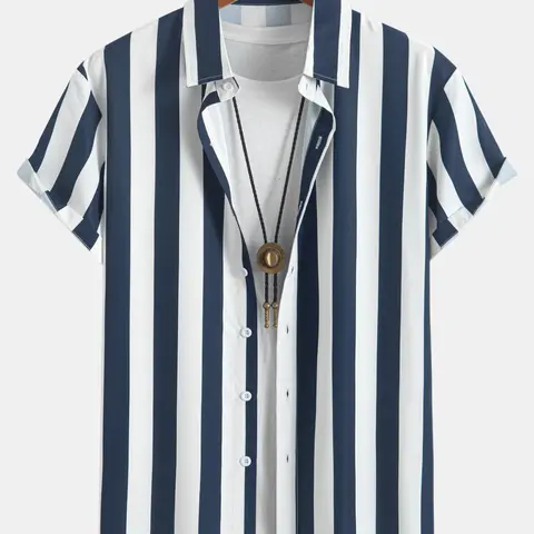 Men's Striped Print Short Sleeve Shirt, Striped Shirts, Regular Fit Casual Street Style Comfy Button Front Collared Top for Summer, Fashion Menswear Men's Clothes for Daily Wear