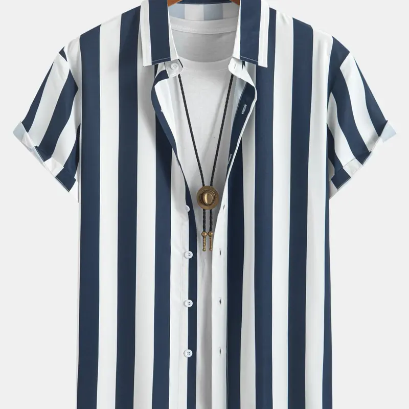 Men's Striped Print Short Sleeve Shirt, Striped Shirts, Regular Fit Casual Street Style Comfy Button Front Collared Top for Summer, Fashion Menswear Men's Clothes for Daily Wear