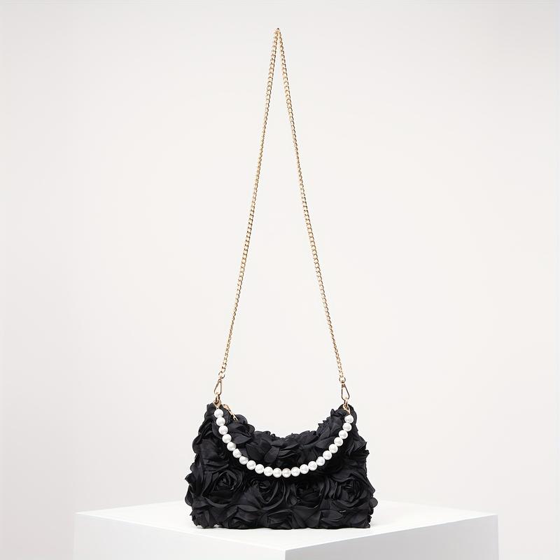 [Wedding Accessory] Elegant Rose-Embellished Crossbody Bag with Faux Pearl Accents - Sweet Pink Floral Evening Clutch, Ideal Valentine's Gift for Women, Polyester Lining, Zip Closure, Wedding Gifts