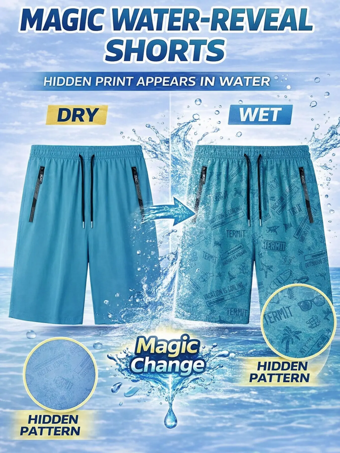 Men's Water-Activated Quick-Dry Beach Shorts, Summer Color-Changing Swim Trunks, Hidden Print Casual Shorts with Zip Pockets, Swimwear Shorts