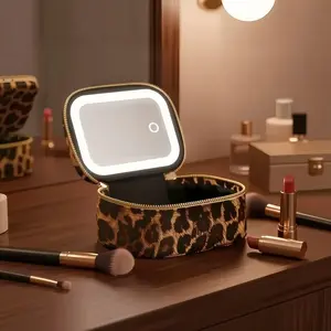 Palm-Sized Portable Makeup Bag with Detachable Mirror, Touch-Control 3-LED Light, Rechargeable Travel & Everyday Cosmetic Organizer for Lipstick & Perfume – Valentine’s & Mother’s Day Gift