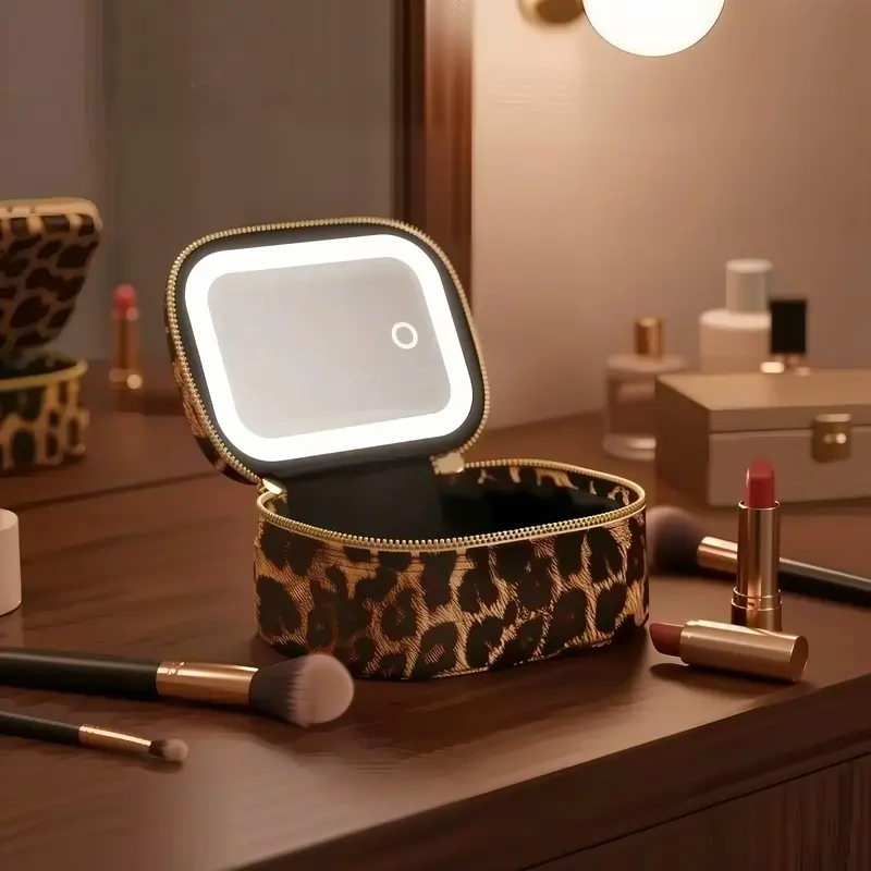 Palm-Sized Portable Makeup Bag with Detachable Mirror, Touch-Control 3-LED Light, Rechargeable Travel & Everyday Cosmetic Organizer for Lipstick & Perfume – Valentine’s & Mother’s Day Gift