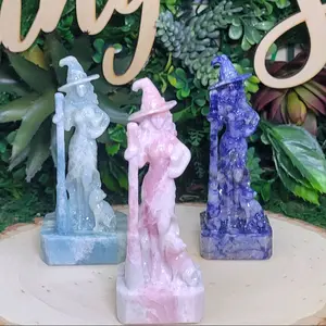 Crystal Witches Figurines Hand-Carved Natural Stone Pink Opal Blue Calcite Sodalite Unique Charms for Altars Meditation Spaces Desks Shelves Meaningful Gifts for Crystal Lovers
