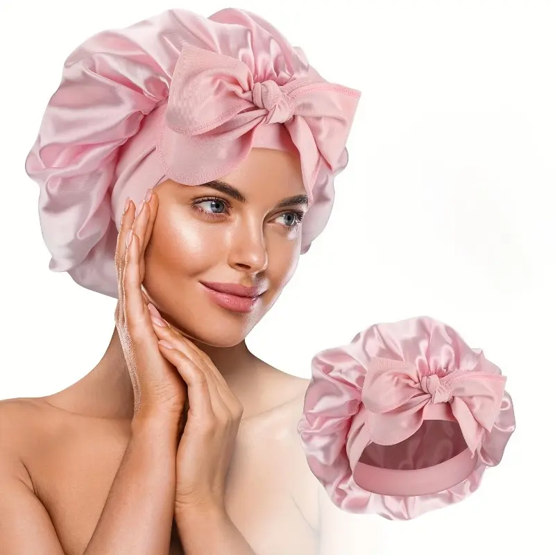 Large Satin Bonnet with Bow Tie, Adjustable Elastic Hair Care Bonnet, Hair Care Wrap, Beauty & Hair Styling Cap, Perfect Gift for Valentine's Day, Mother's Day & Birthday