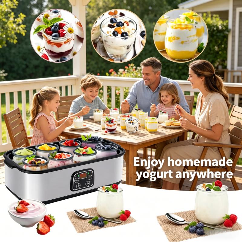 Fully automatic yogurt machine with adjustable temperature and 48 hour time control for fresh homemade yogurt desserts, 8 cans, LED display screen, multifunctional electric yogurt machine