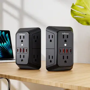 2-Pack 3 Sided Multi Plug Wall Adapter Power Outlets Strip With Surge Protector  ,6-Outlet Extension Cord Multi-Functional Wall Outlet with 4 USB Charging Ports (2 USB-C Port), for Home Office Kitchen Travel(Black)