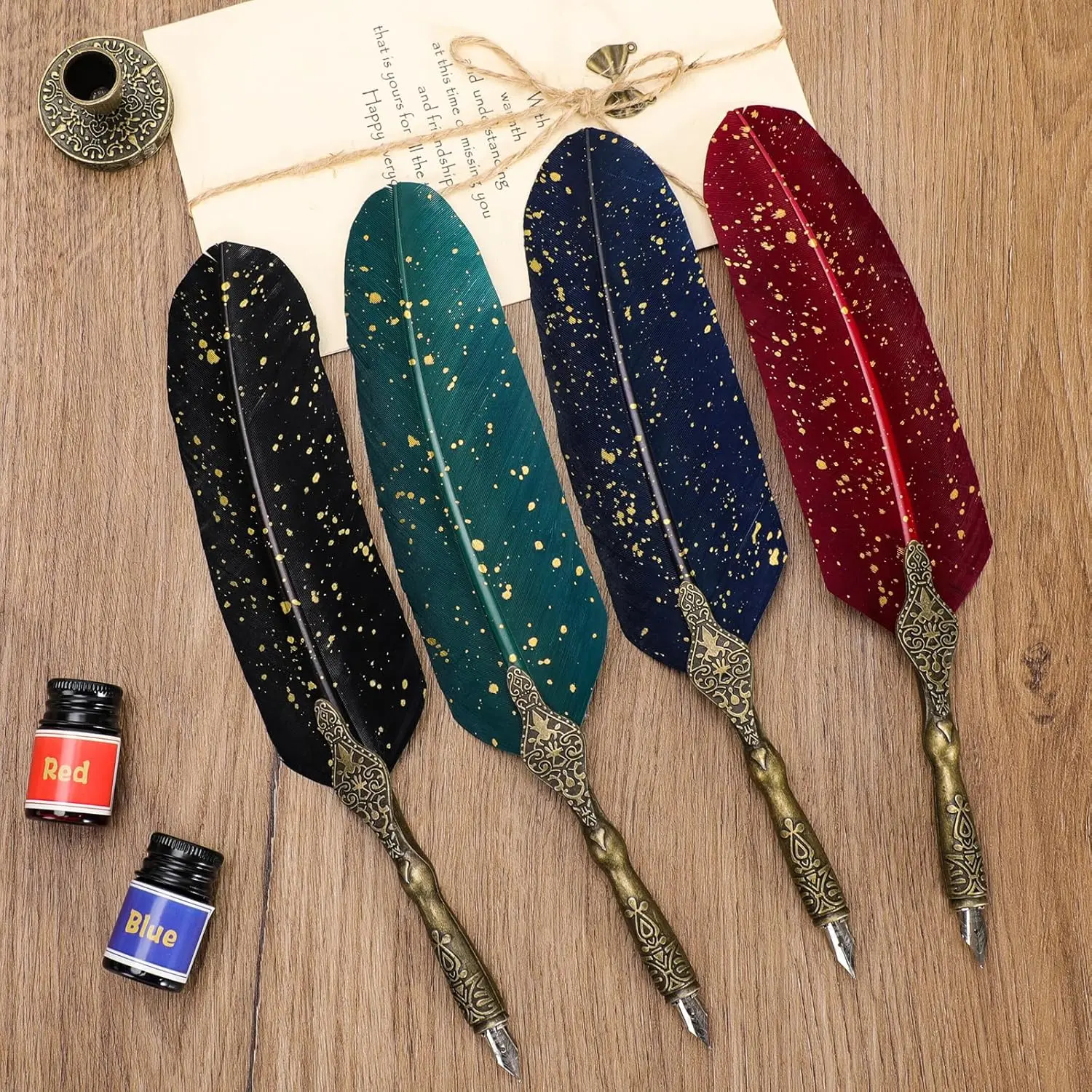 Feather Quill Pen and Ink Set - Antique Calligraphy Dip Pen with 5 Replacement Nibs and Pen Stand Base