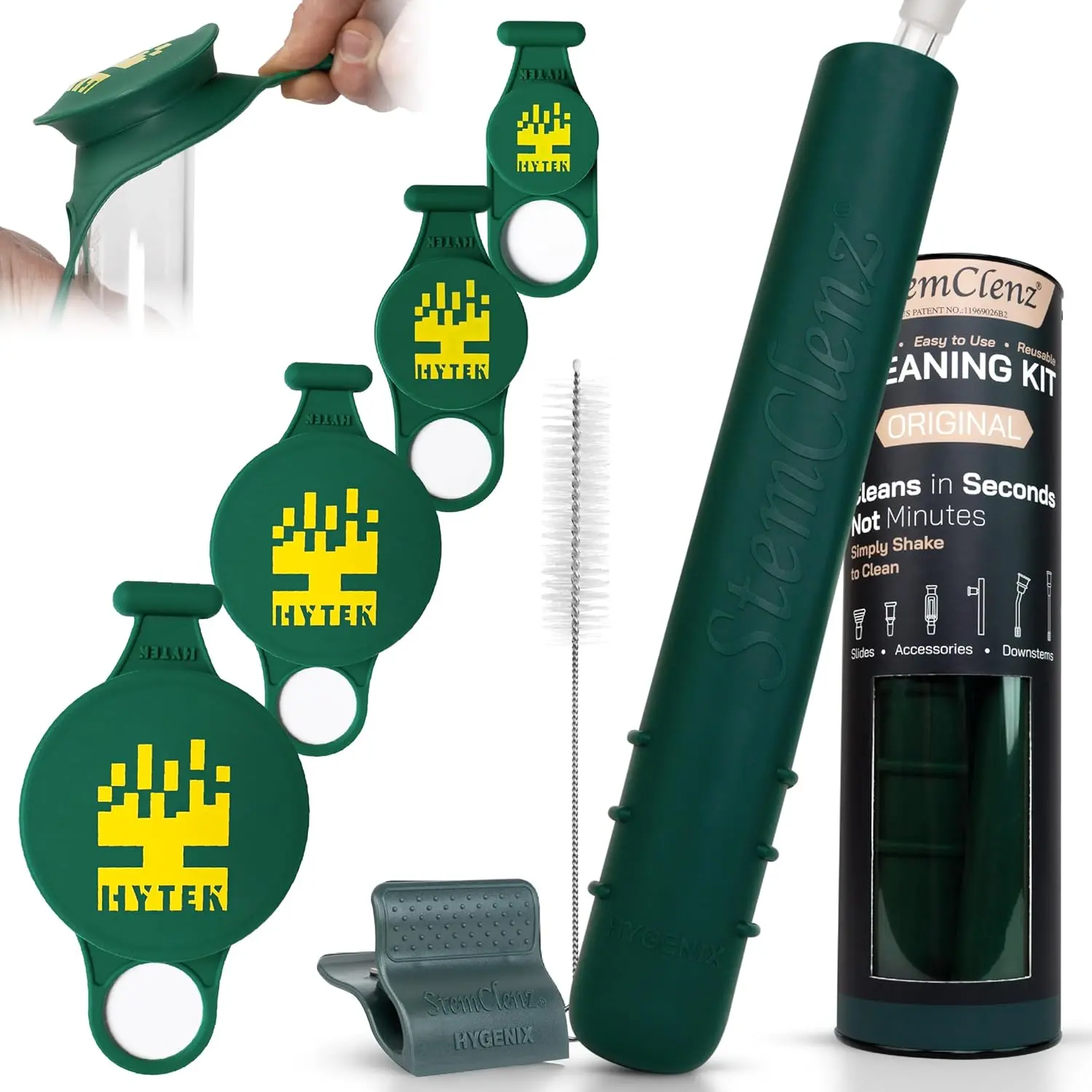 Hygenix StemClenz Reusable Cleaning System Bundle with Hytek Caps | Shake-to-Clean for Small Glass, Tubes & Accessories (Green)
