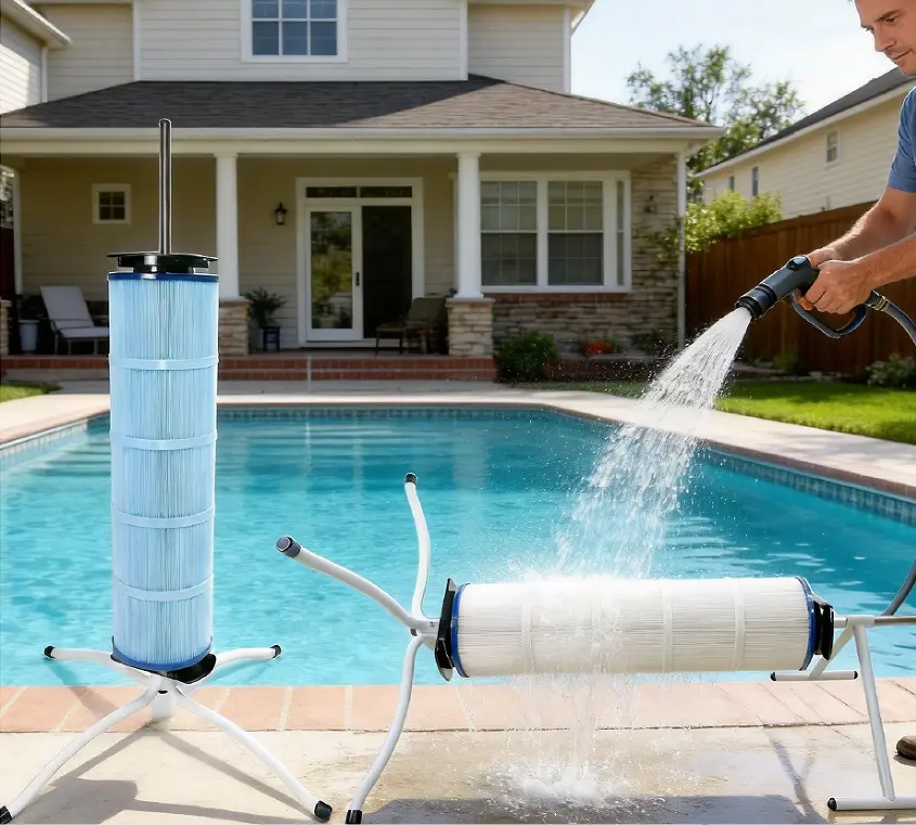 2-in-1 Pool Filter Cleaner Stand - Vertical & Horizontal Dual-Mode, 360° Rotatable Cleaning Tool for 3", 4", 6" Cartridges