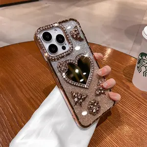 IP16 Pro Max 16 Plus -New Love Shape Glitter Mirror Phone Case, Double Row Of Synthetic Diamonds Luxurious Feel with Lens Protection, Durable, Shockproof