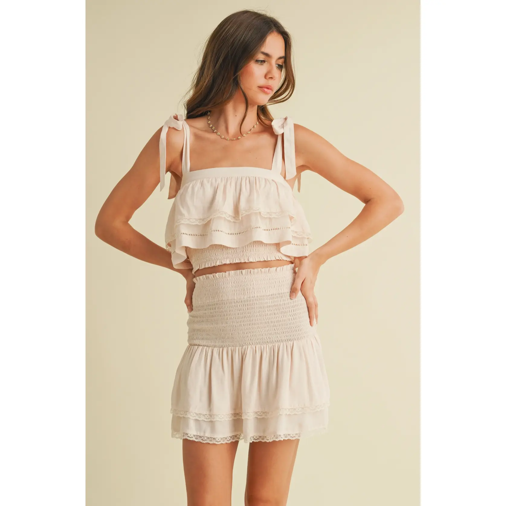 Blush Lace Insert Smocking Skirt and Crop Top Two Piece Set