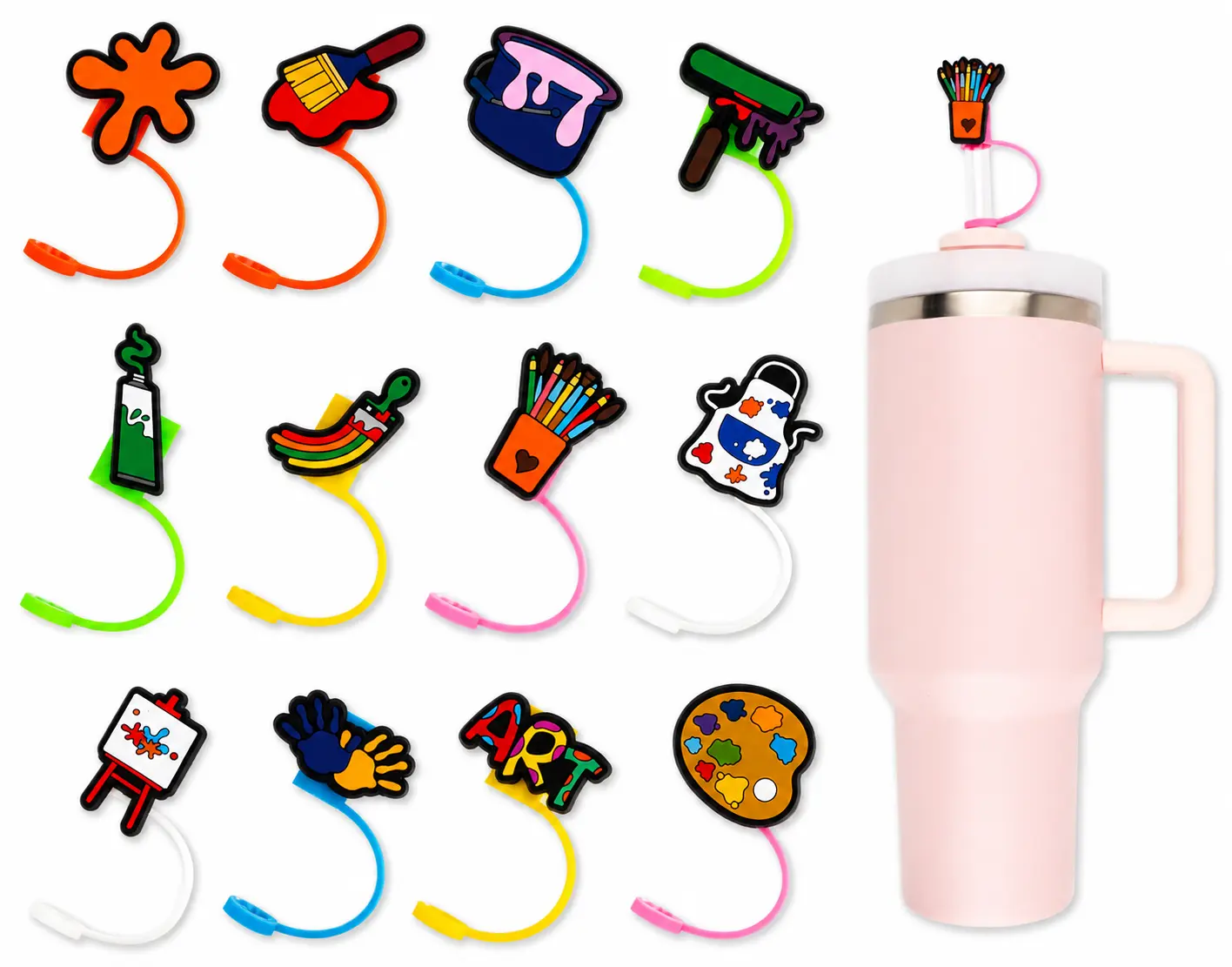 Art Straw Covers Topper 12PCS Art PVC Clog Pins Accessories Party Favors Birthday Gifts Holidays Decoration for Boys Women Girls