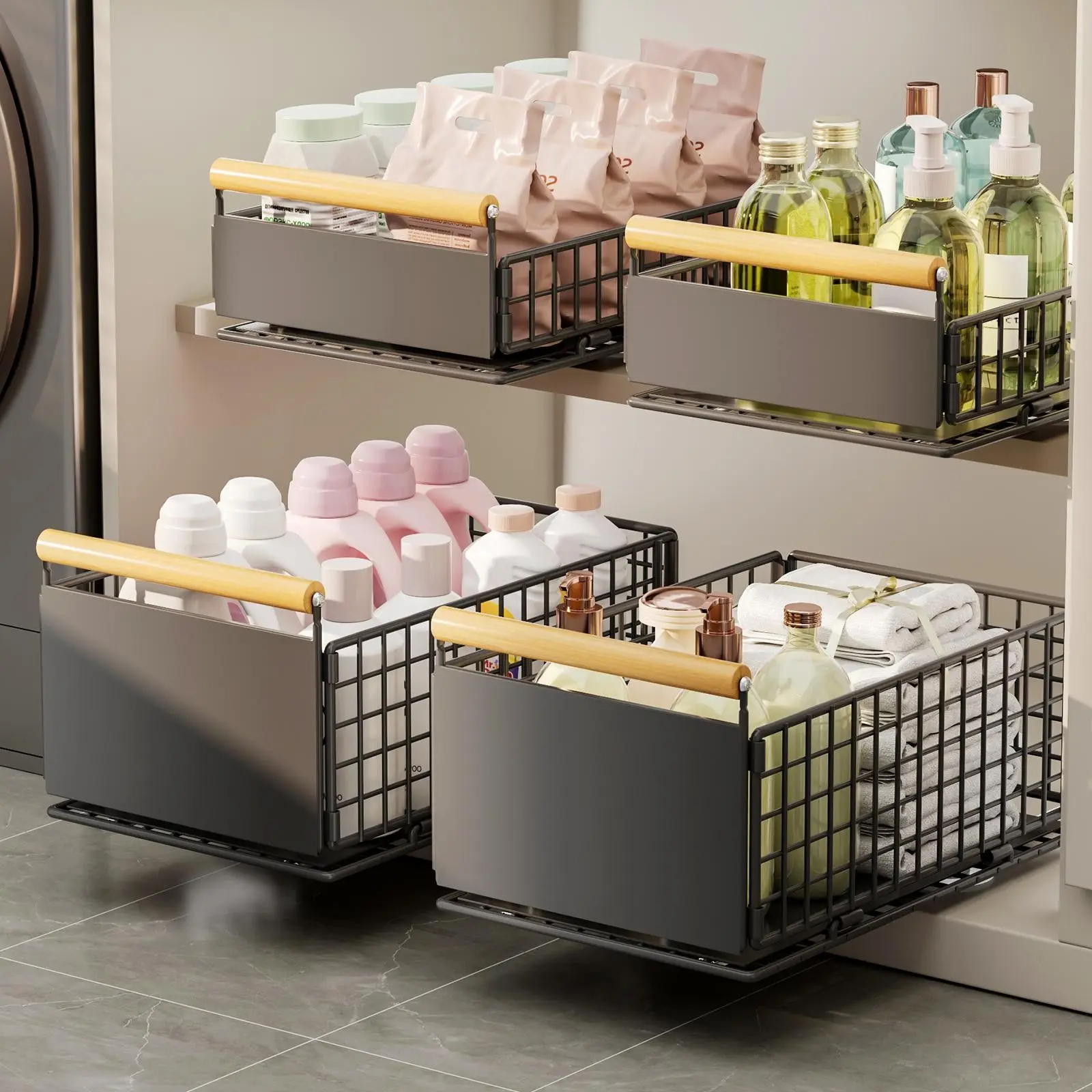 Adjustable Metal Pull-Out Kitchen Cabinet Organizer, Kitchen Organization, 2-Tier Stackable Plate Bowl Storage Rack, No-Drill Suction Cup, Easy Installation