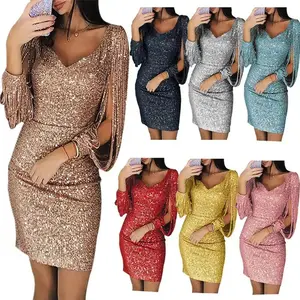 Sexy nightclub party sequins tassel long sleeved plus size hip hugging dress