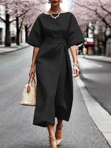 Women's Basic Elegant Casual Everyday Solid Color Dress, One Shoulder Half Sleeve Belted Slit Design, Fitted Midi Dress for Daily Commute Vacation