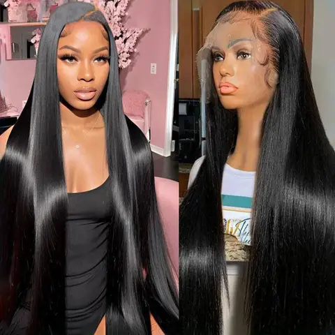 MYLOCKME Women's 180 Density Brazilian Real Human Hair Lace Front Wig, 13x4/13x6 Transparent Frontal, 12~36 Inch Bone Straight Cut, Natural Color, Frontal Parting (Black Friday), 180Density