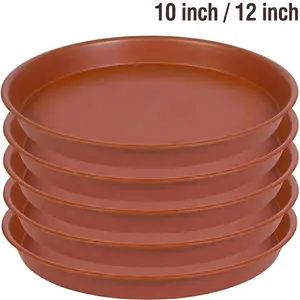 5-Piece Thick Plastic Plant Trays Set - 10-in/12-in Sturdy Stylish Clay-Design Circular Trays, Multi-Functional for Flowerpots, Bird Baths, Suitable for Indoor/Outdoor Home & Festive Use, Five Pieces