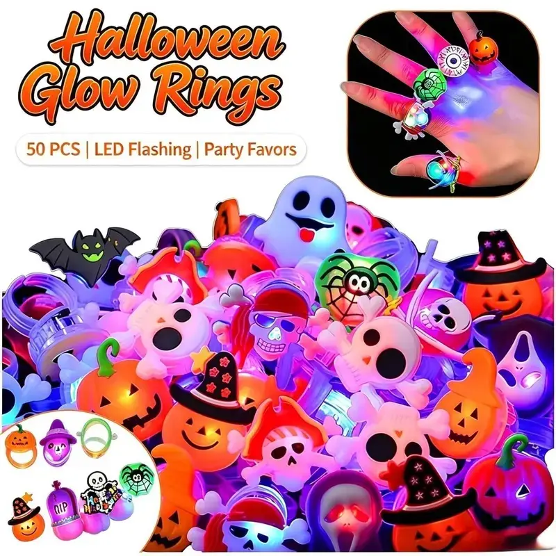 50Pcs Christmas Light Up Rings Party Favors Luminous Flash Finger LED Ring Blinking Jelly Rubber Ring for Kids Adults Christmas Gifts Plastic Spooky