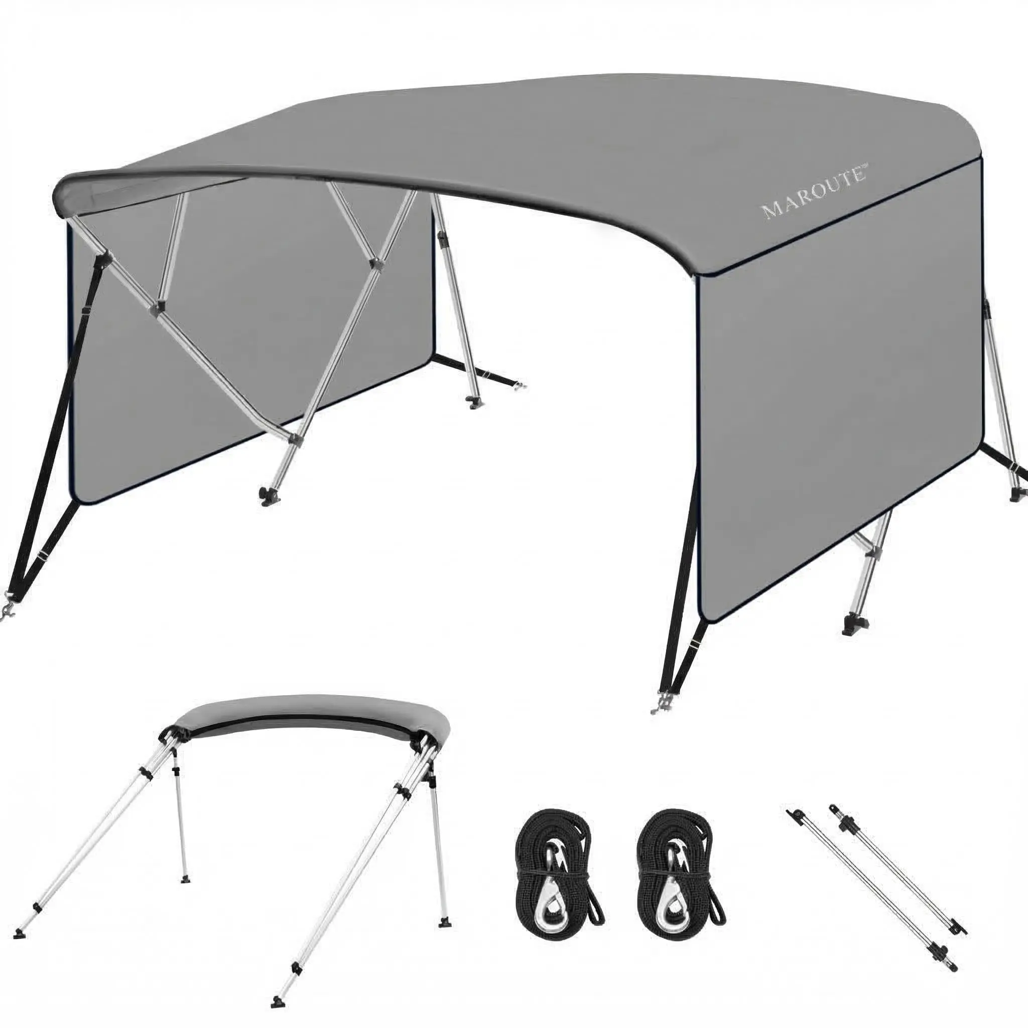 GARVEE 4-Bow Bimini Top Cover for Boating - Foldable 600D Polyester UV-Resistant Canopy, Zip-On Mesh Sidewalls, 1" Multi-Size Corrosion-Resistant Aluminum Frame, Deck Mount Boating Accessory with 2 Rear Support Poles & Storage Boot (Water Sports)
