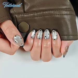 Silver Dot Handmade Press-On Nails | Short Almond Shape, 10pcs | Fake Nails | Spring Summer Trending Silver Cat Eye & Black Polka Dot French | Y2K Aesthetic & Baddie Nails | High Gloss Mirror Finish | Reusable DIY Manicure Kit | Trendy Edgy False Nails