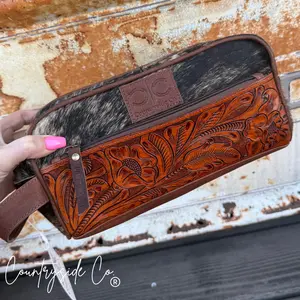 High Plains Tooled Leather and Cowhide Toiletry Bag