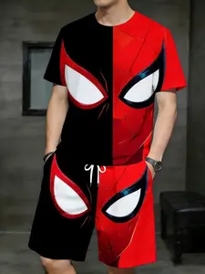 summer collection men's shorts + short-sleeve set two-piece set 3D full-frame printing Spider Man Face Print On Black And Red Background loose and breathable Casual sports, trendy and versatile short-sleeved T-shirt, shorts outerwear versatile