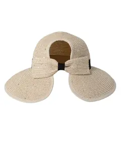 Bling Sequined Straw Lightweight Ponytail Sun Hat With Adjustable Back for High Ponytail & Buns