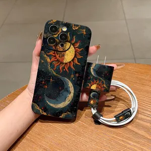 5 Piece Set Mystery Moon Sun Phone Case, Charger Head Cover, Cable Protector, Storage Rope, Anti-Drop Tpu Case, Accessories for iPhone 6-17 Pro Max