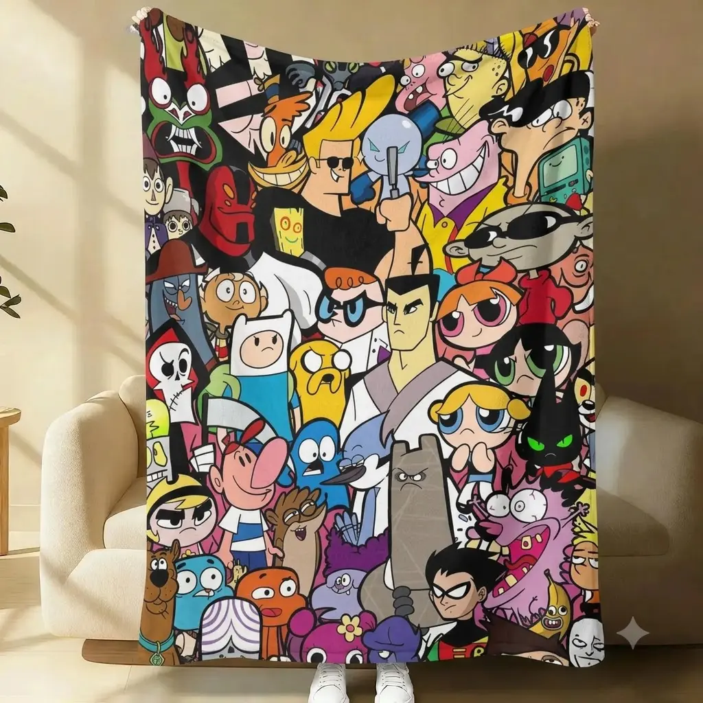 Retro Cartoon Character Fleece Blanket, Vintage 90s Animation Throw Blanket, Ultra Soft Cozy Blanket for Bed Sofa Couch Room Decor