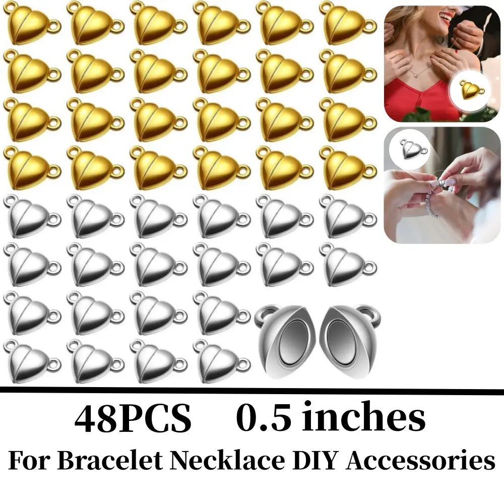 48-Piece Heart Shaped Magnetic Clasps, Polished Alloy Metal Connectors for Jewelry Making, 0.5 Inch Gold & Silver Charms for Couples DIY Crafts, Magnets, 0.5 Inches