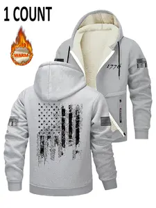 Men's Hot Selling Long Sleeve Hooded Sweatshirt Jacket, Zipper Pocket Design, Flag Print, Soft Fleece Lining, Casual Fashion Outerwear