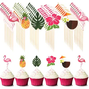 24count Hawaiian Cucountake Toppers Flamingo Pineapple Palm Leaves Toothpicks Tropical Summer Beach Birthday Party Cake Decoration