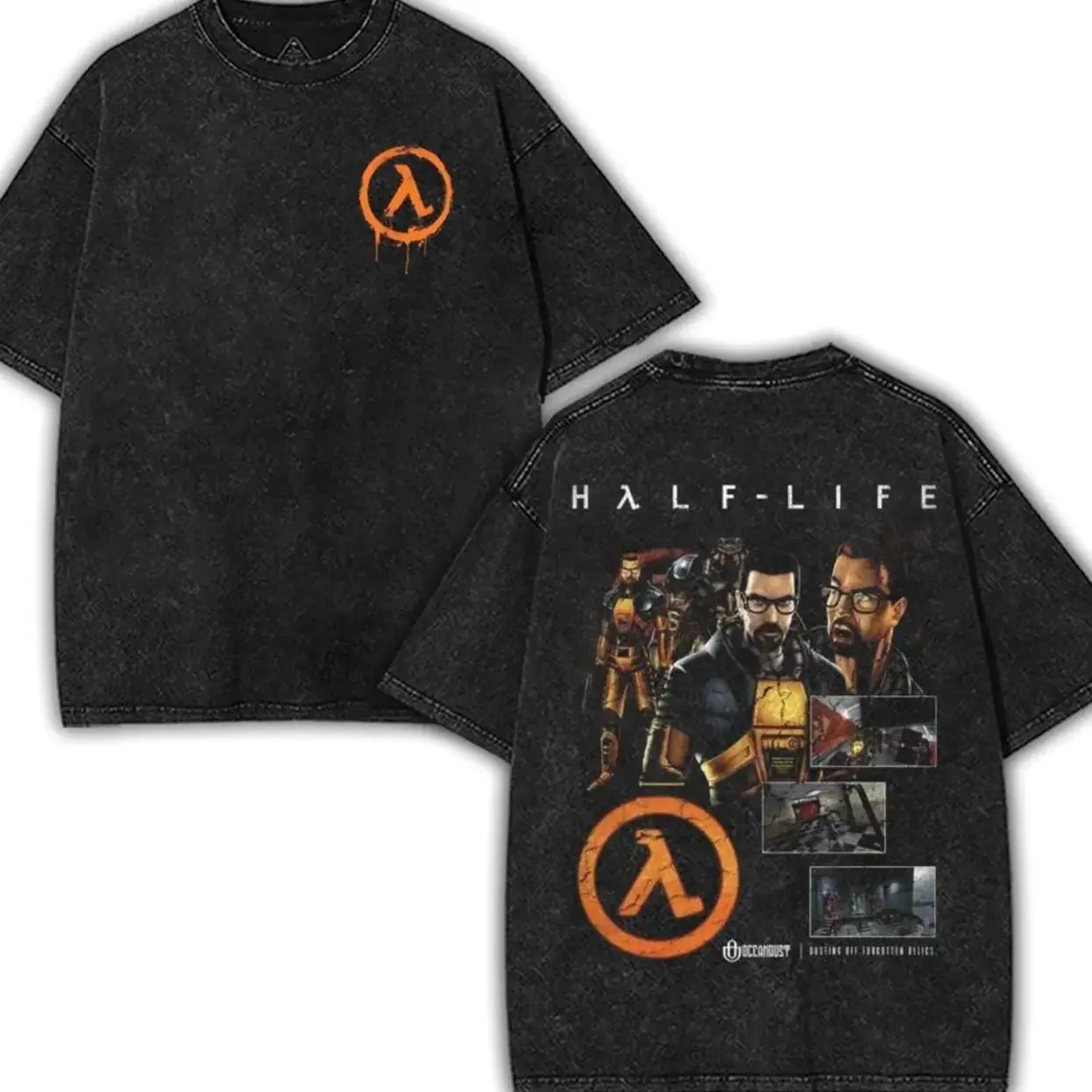 Half-life Washed Unisex Graphic Tees, Casual Crewneck Short Sleeve Washed Tshirt 2 Sided Cotton unisex graphic tees gamer merch, Black Cotton Tee with Graphic Design Featuring "HALF-LIFE" QFN