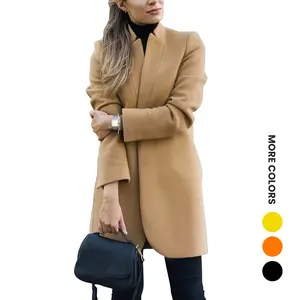 Aswulk Women's Stand Collar Open Front Pea Coat Casual Winter Warm Overcoat Mid Long Blazer Trench Outerwear With Invisible Pockets
