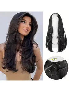 [U Part Clip in Hair Extensions] 22 Inches U Part Wig For Women Natural Color Synthetic Hair Wigs Invisible Seamless Hair Extension Full Head Long Clip In On Hair Pieces For Women Daily Use Invisible Extension Hairpiece
