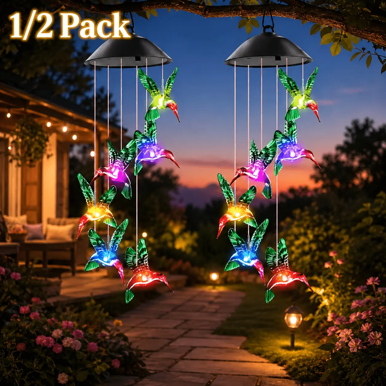 Solar Wind Chimes - 1/2 Pack Color-Changing Hummingbird/Butterfly Design, 20in LED Lights Outdoor Decor, Direct Sunlight Glow for 6-8 Hours, Thoughtful Gift for Holidays Housewarming Women’s Garden Patio
