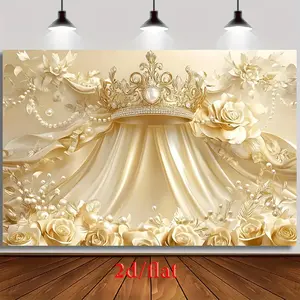 Opulent Gold Royal-themed Backdrop with Intricate Crown, Luxurious Silks & Elegant Roses - Perfect for Party Decoration, Home Decor & Luxury Gifts