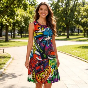 Vibrant Speed Graffiti Streetwear Sleeveless Midi Dress Y2K Hip Hop Summer Swing Dress Casual Womenswear Full-Frame Printing tea length