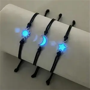 Glow-in-the-Dark Celestial Bracelet Set Of 3 Adjustable Woven Sun Moon Star Bracelets For Couples And Friendship Daily Jewelry