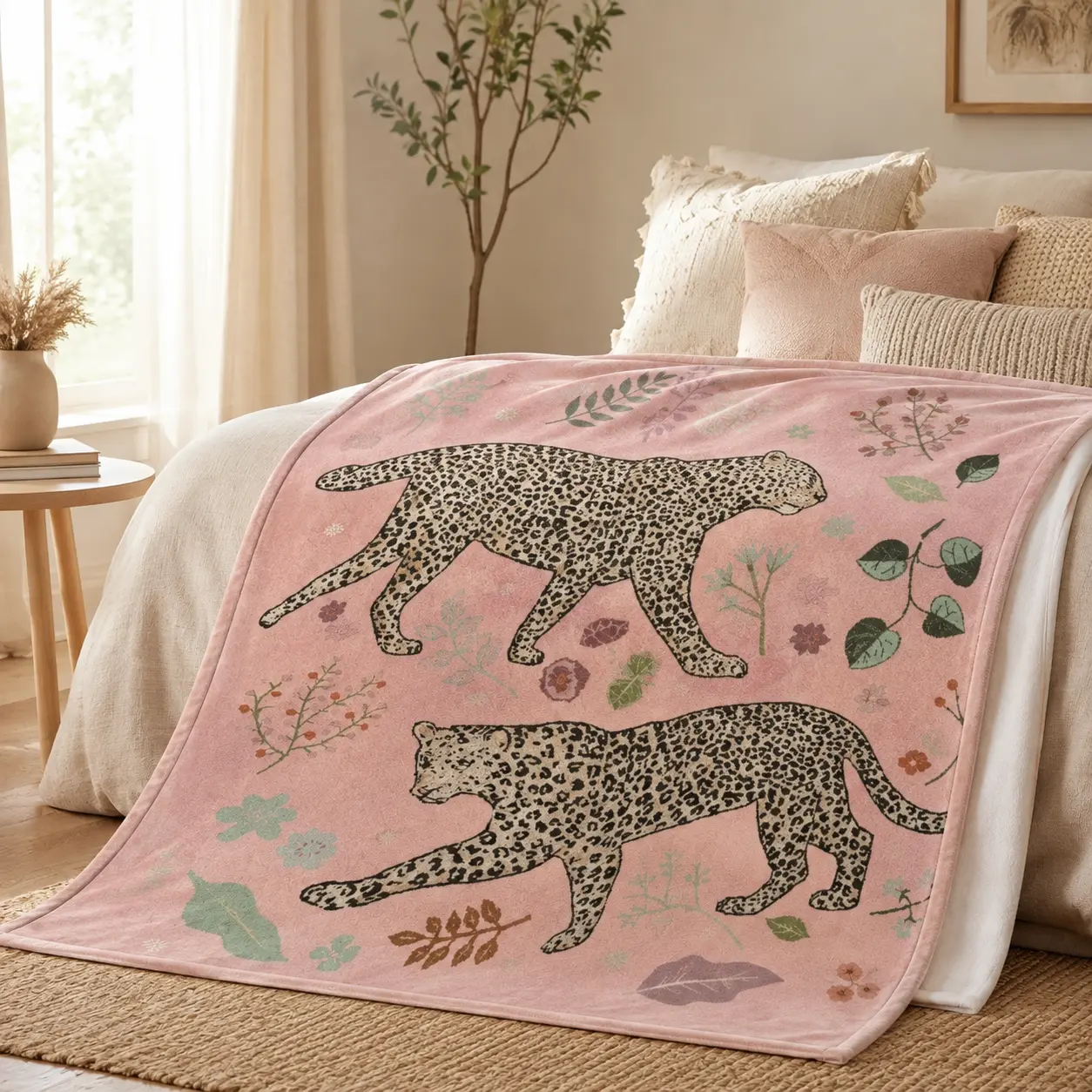 Pink Leopard-Floral Flannel Throw Blanket, Soft Lightweight Cheetah-Botanical Print Blanket with White Reverse, 1-Sided Cozy Cover for Adults Home Decor Gift