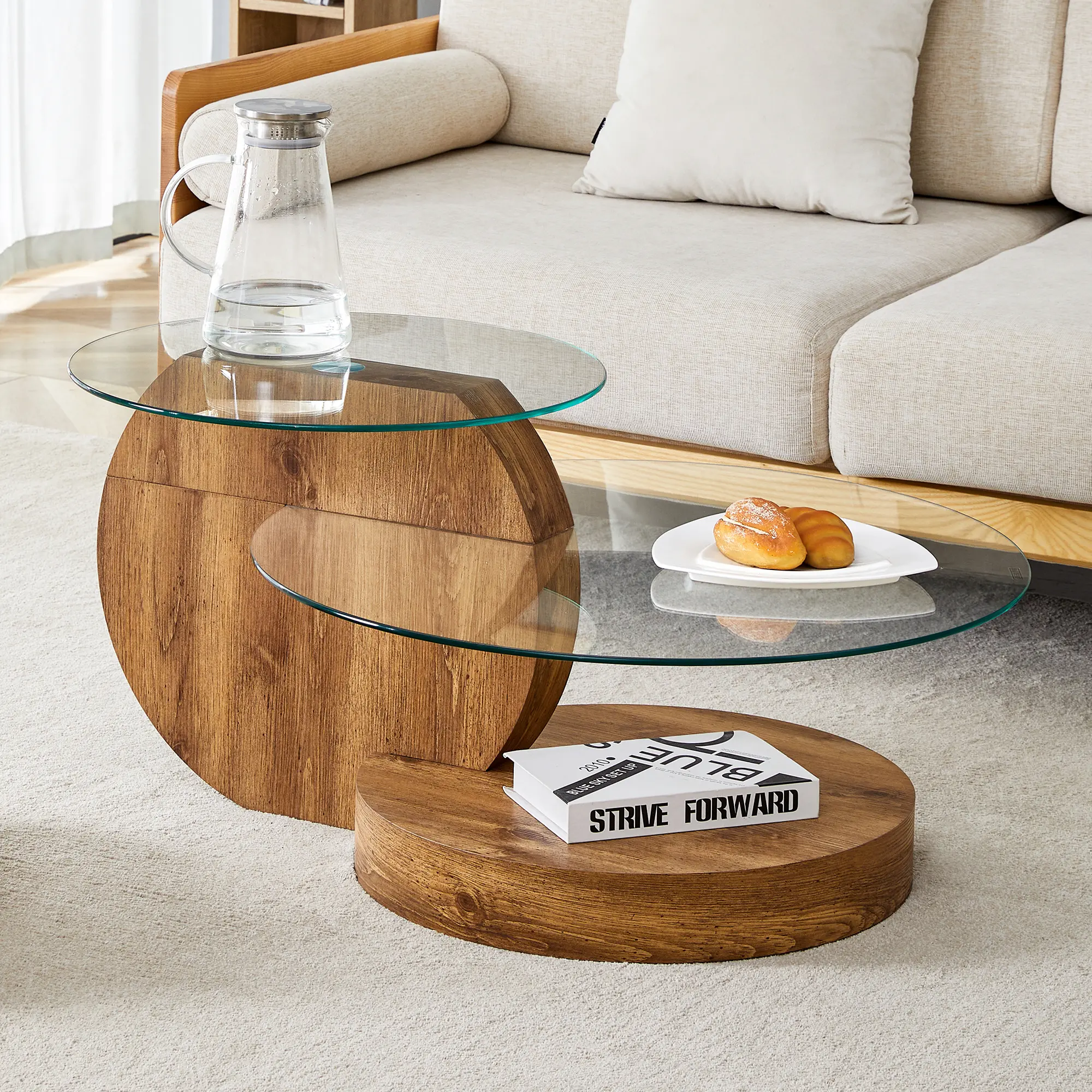 MUUOKY Modern and practical double-deck round table. Glass countertop, wood color MDF table legs. Suitable for living room and bedroom.